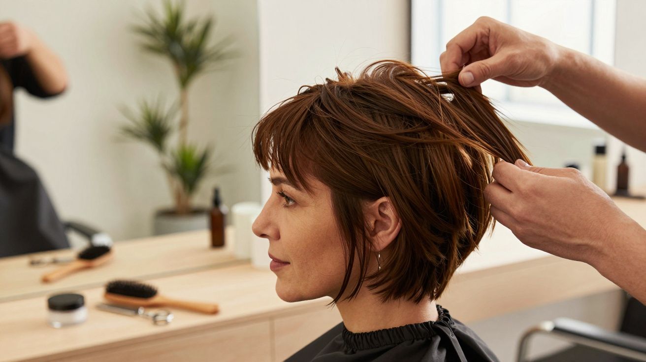Kobieta z brązowymi włosami w salonie fryzjerskim, fryzjerka układa jej fryzurę.
