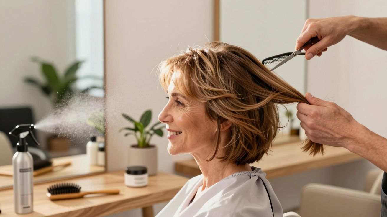 Kobieta w salonie fryzjerskim, stylizacja włosów, spryskiwana produktem do stylizacji.