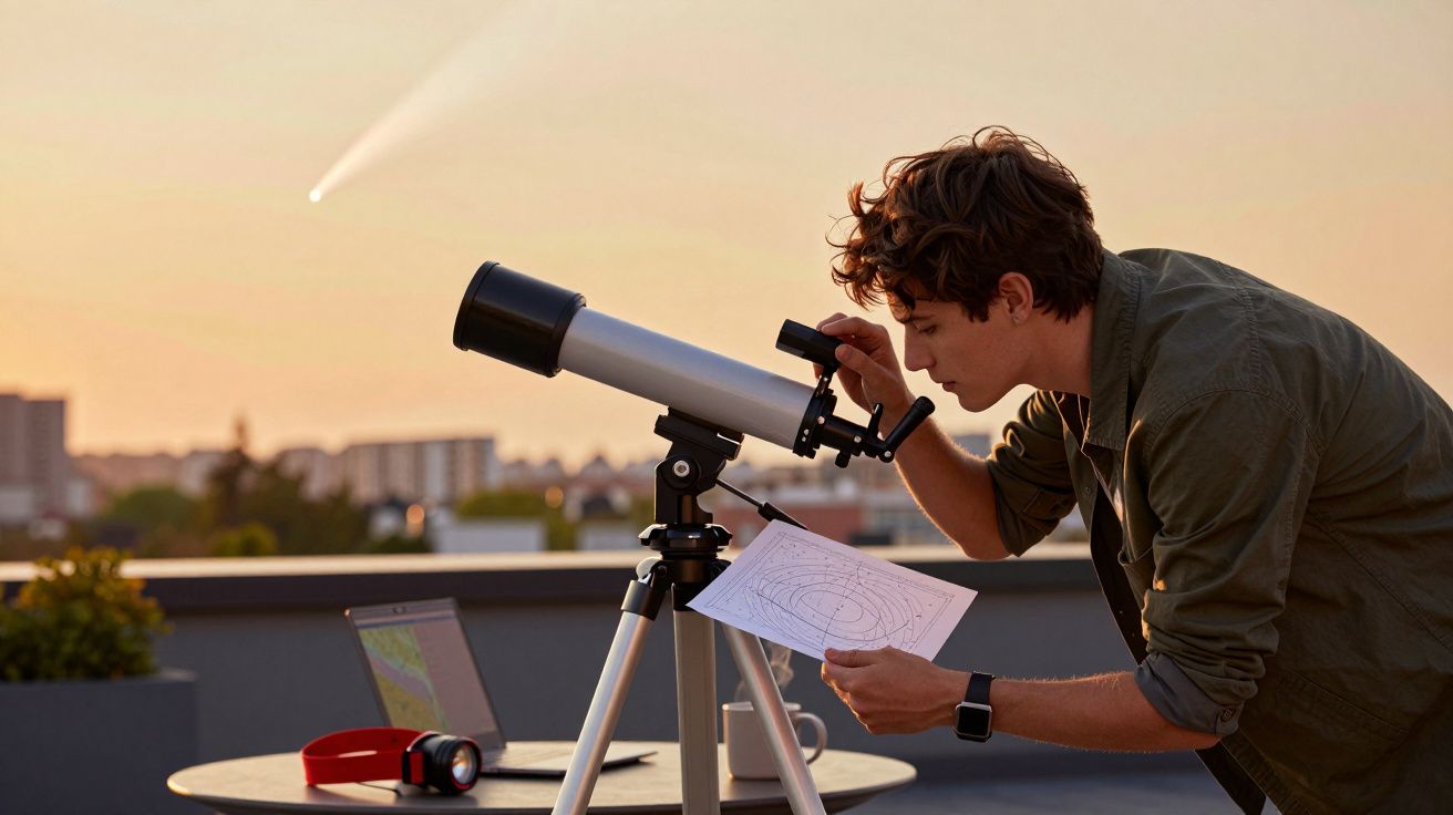 Mężczyzna obserwuje przez teleskop na dachu, trzymając mapę gwiazd. Na niebie widoczna kometa.