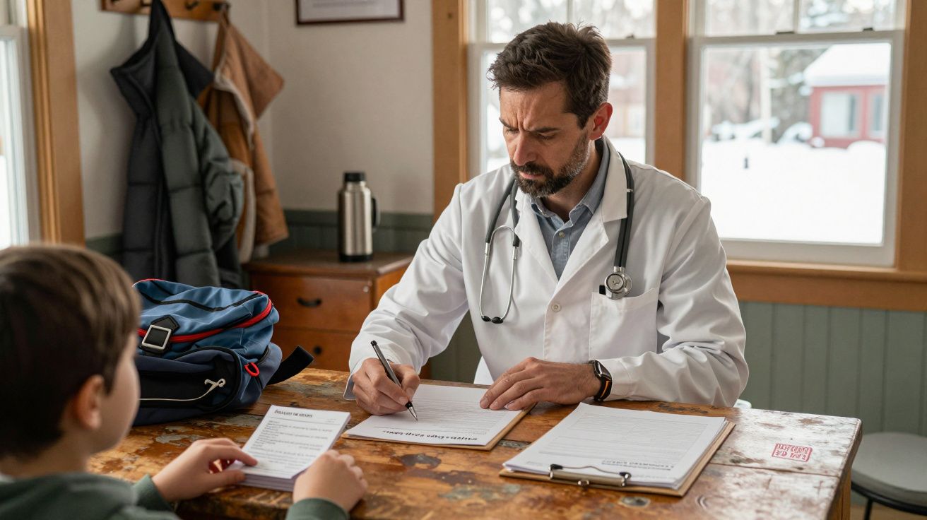 Lekarz w białym fartuchu siedzi przy stole, wypełniając dokumenty, dziecko patrzy na nie z drugiej strony.