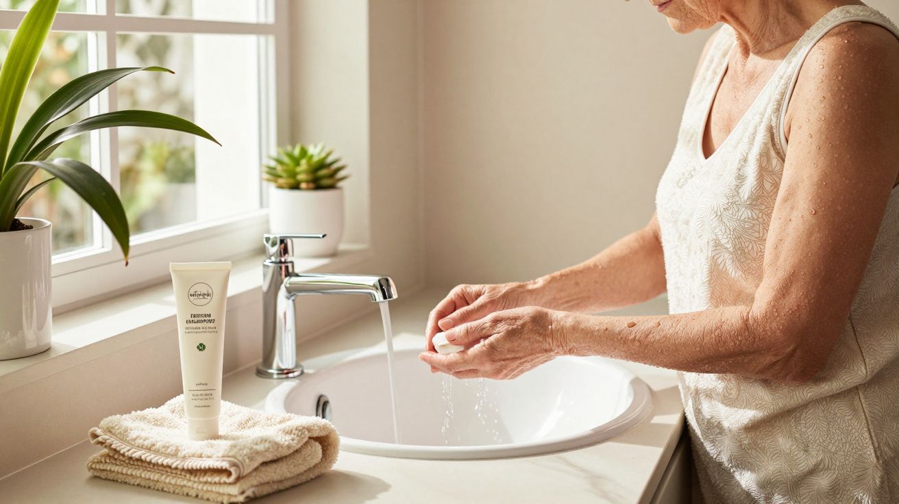 Starsza kobieta myje ręce w umywalce, obok ręczniki i balsam do skóry, roślina na parapecie.