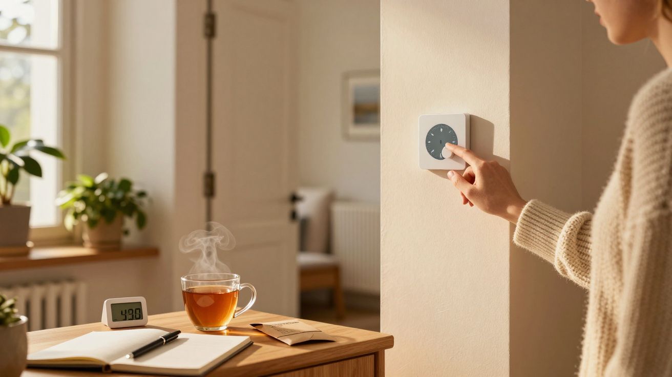 Osoba reguluje termostat na ścianie, obok stoi biurko z herbatą, notatnikiem i zegarem.