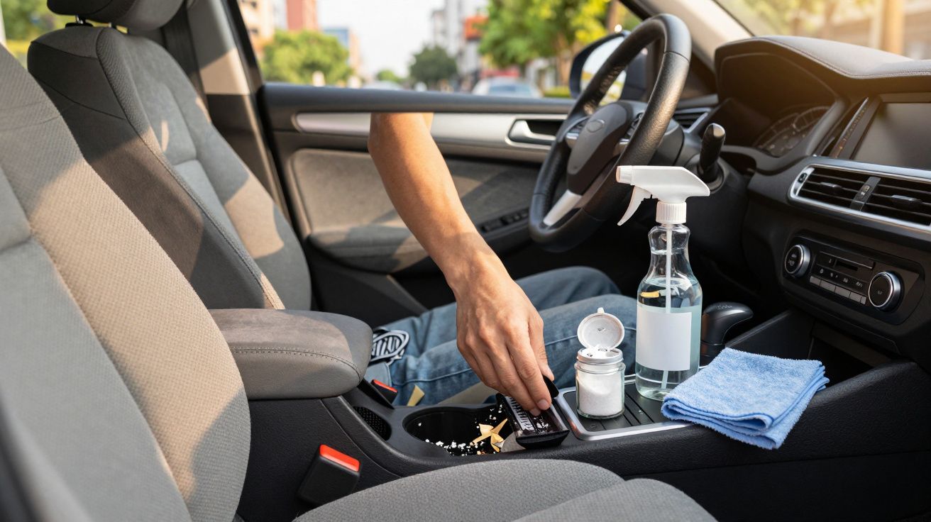 Wnętrze samochodu z ręką sięgającą do schowka, obok środki czystości i ściereczka na konsoli.