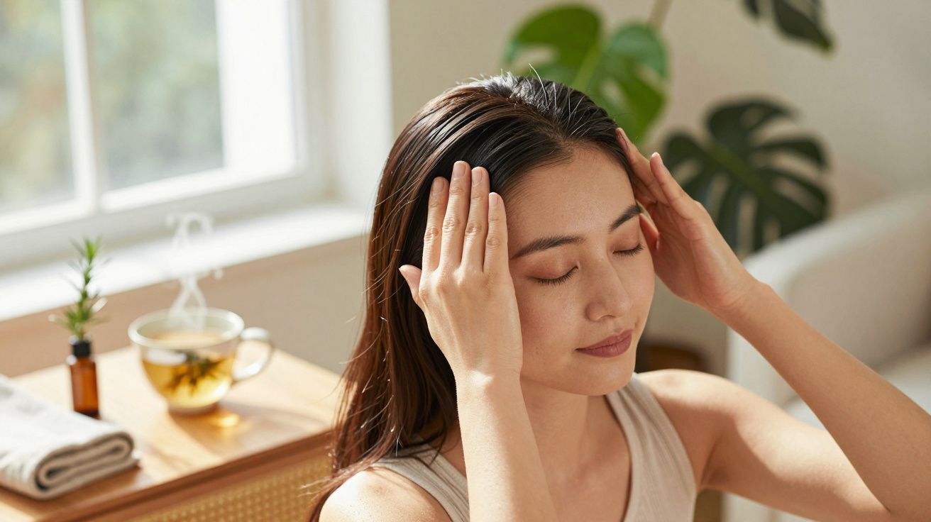 Kobieta relaksująca się w pokoju, masuje skronie. W tle filiżanka herbaty i zielona roślina.