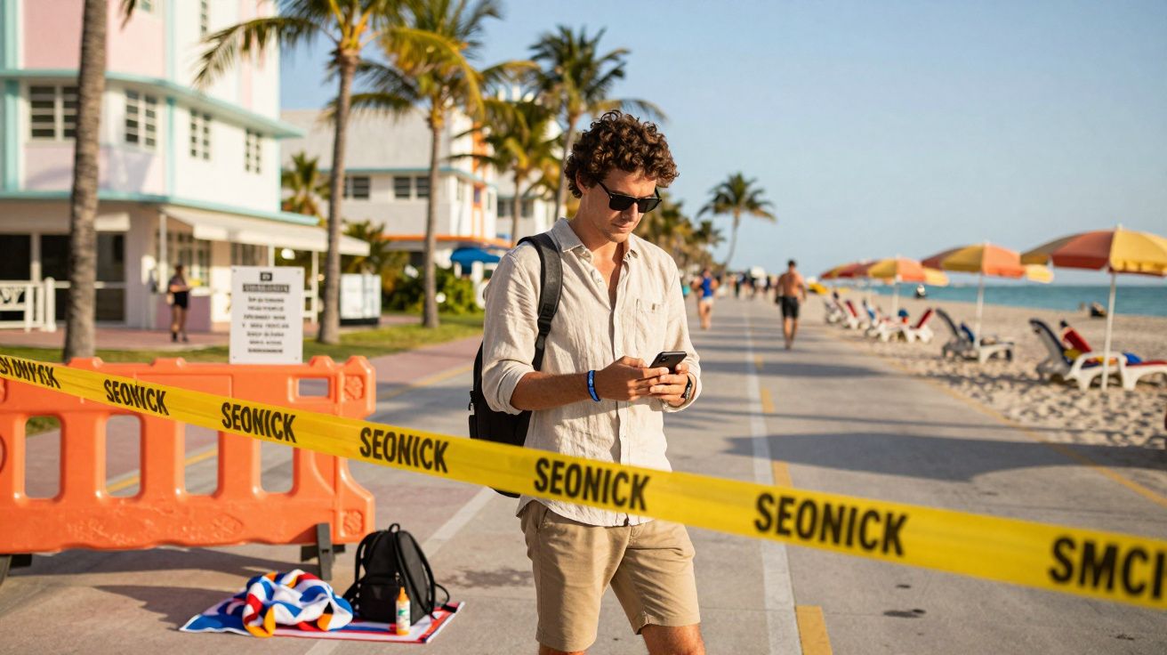 Mężczyzna z telefonem przy plaży, za żółtą taśmą z napisem "SEONICK", w tle parasole i palmy.