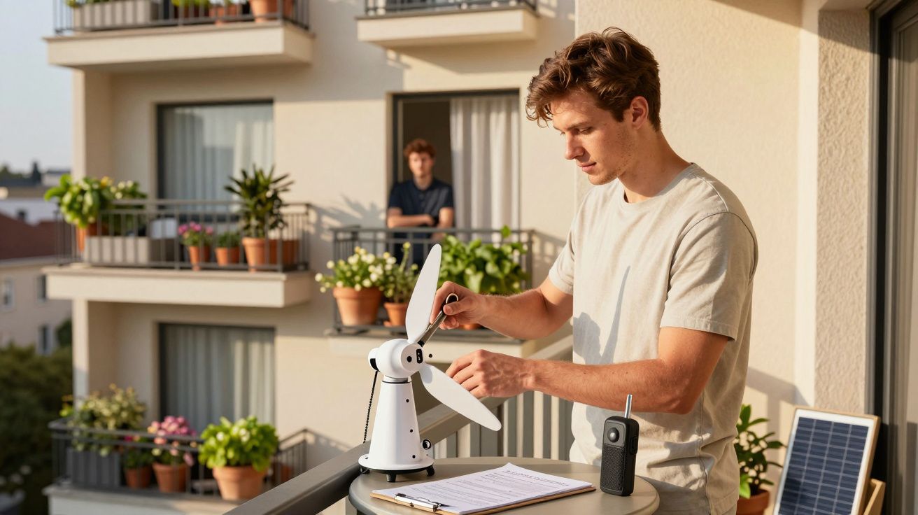 Mężczyzna na balkonie pracujący z małą turbiną wiatrową, rozmawia przez radio, w tle kwiaty i budynki.