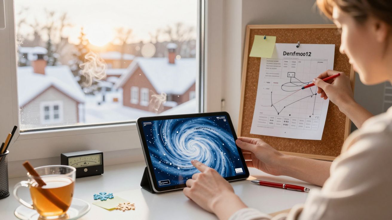 Osoba pracująca przy biurku z tabletem wyświetlającym galaktykę, obok herbata i diagram na korkowej tablicy.