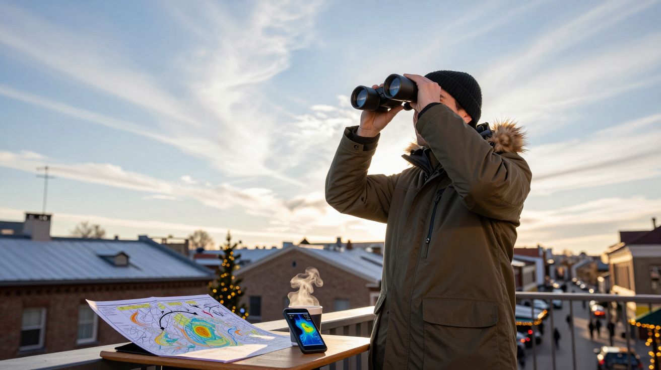 Osoba patrzy przez lornetkę na dachu, obok mapa i telefon z prognozą pogody, tło to miasto o zachodzie słońca.