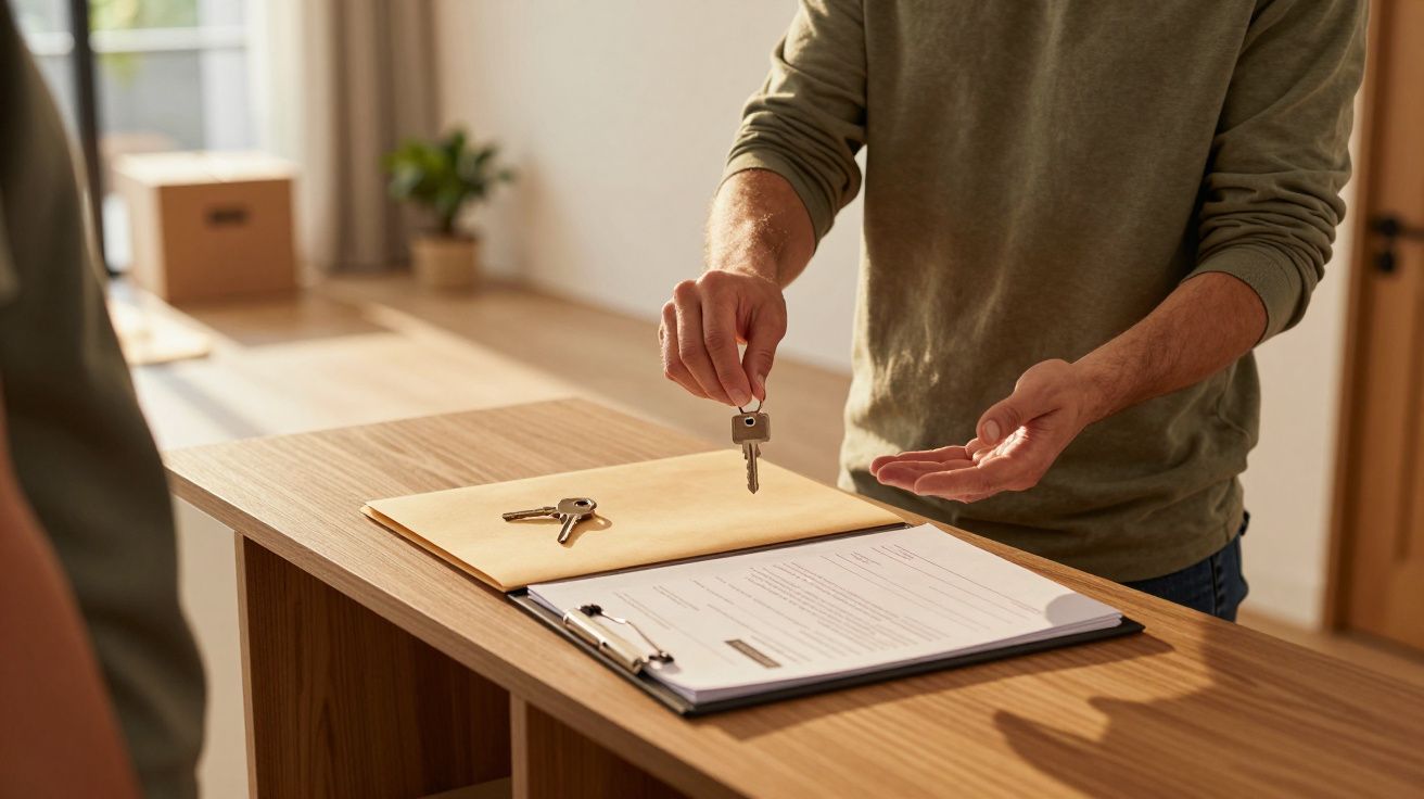 Osoba przekazuje klucze nad stołem z dokumentami w jasnym pokoju.