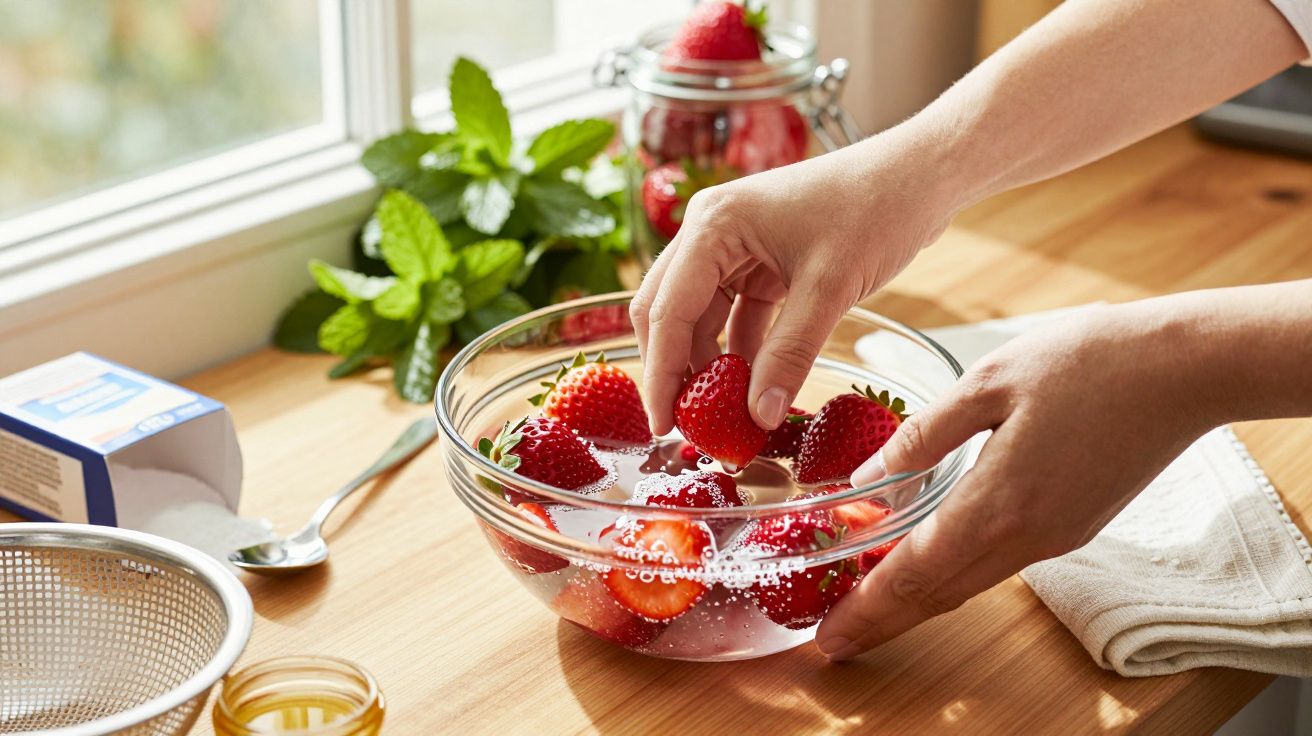 Osoba myjąca truskawki w szklanej misce na słonecznym blacie kuchennym.