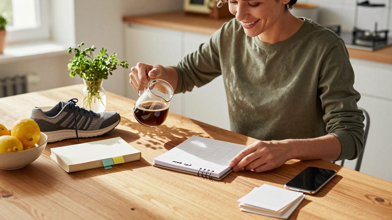 Kobieta przy stole w kuchni, nalewająca kawę do filiżanki, z notatnikiem, telefonem, butami sportowymi i owocami na blacie.