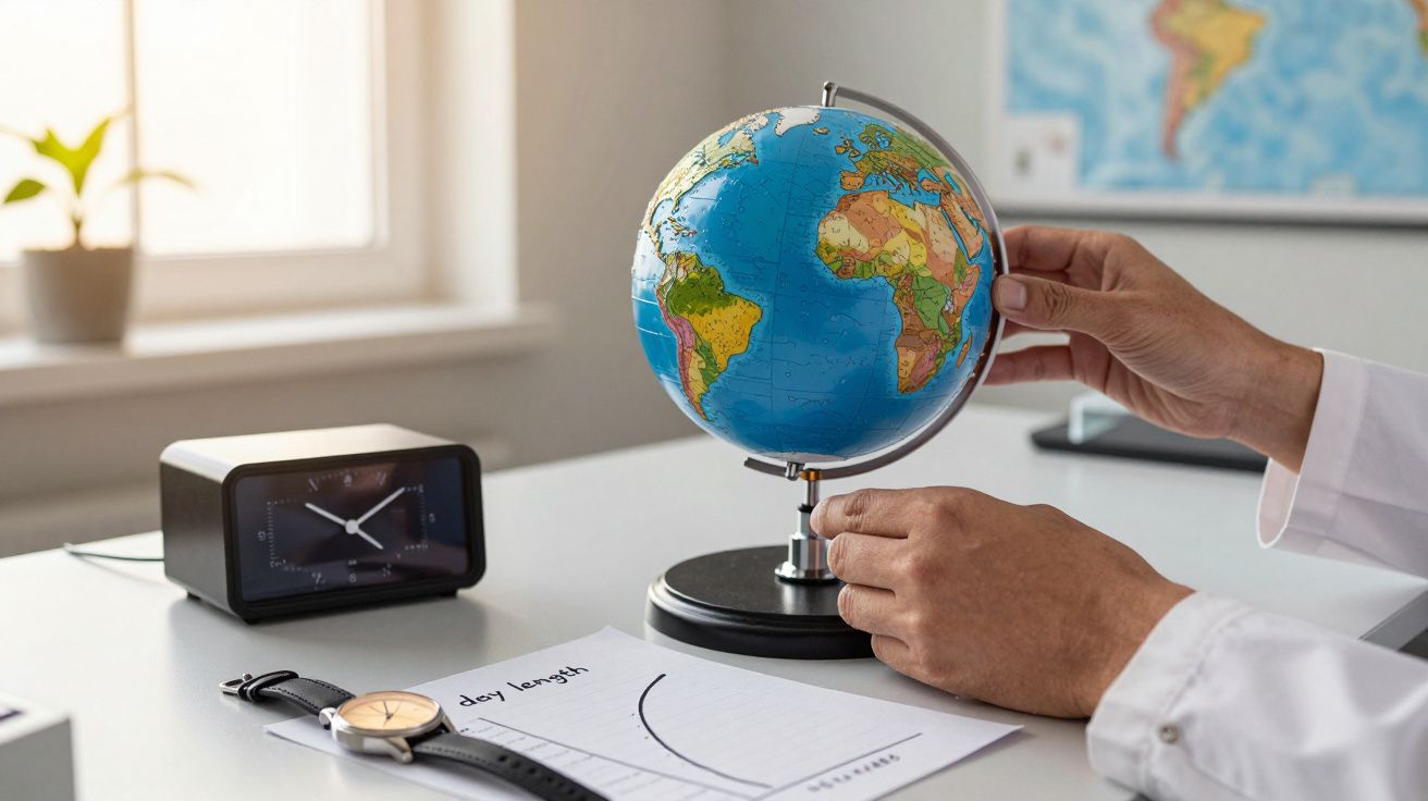 Osoba obraca globus na biurku, obok zegarek i karta z notatkami.