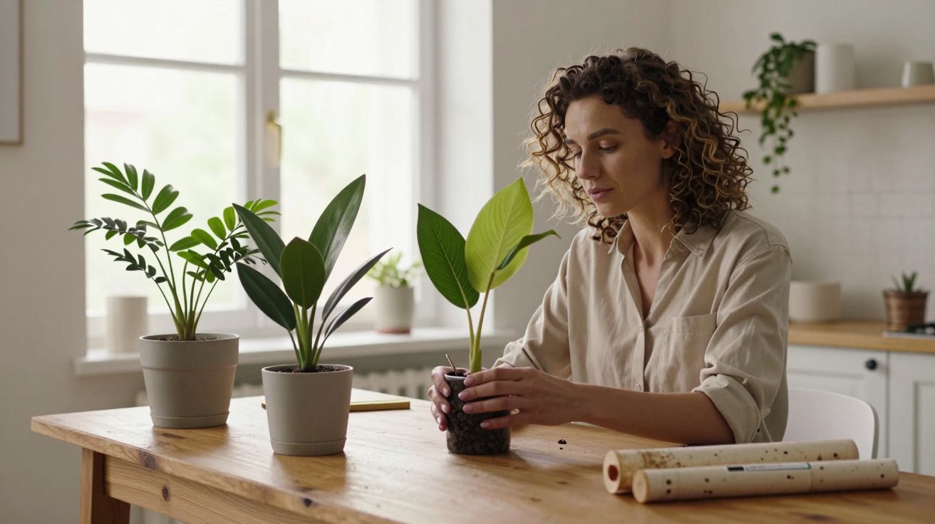 Kobieta przesadza roślinę przy stole w jasnej kuchni. Obok niej kilka doniczek z roślinami.