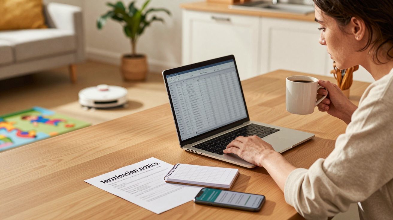 Kobieta pracująca na laptopie przy stole, obok leży telefon, notes i kartka z informacją o wypowiedzeniu.