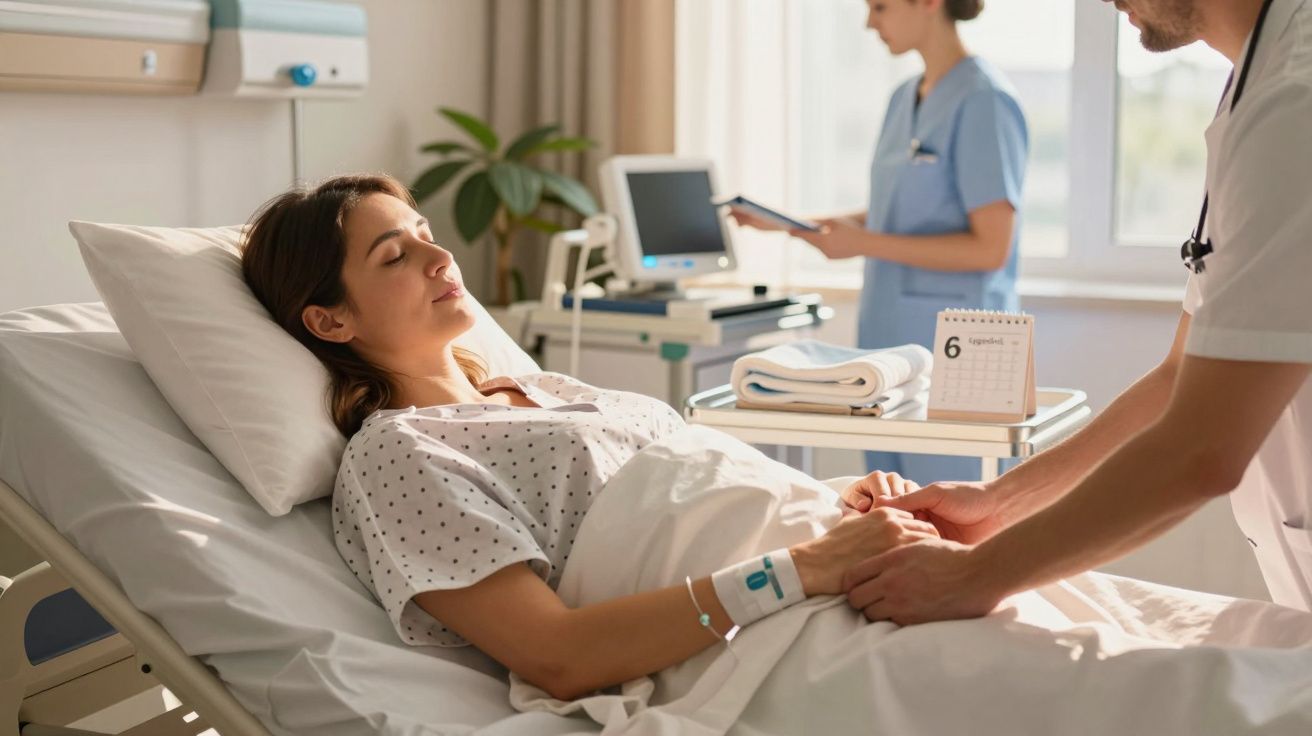 Kobieta w szpitalnym łóżku trzyma za ręce lekarza, w tle pielęgniarka z tabletem.