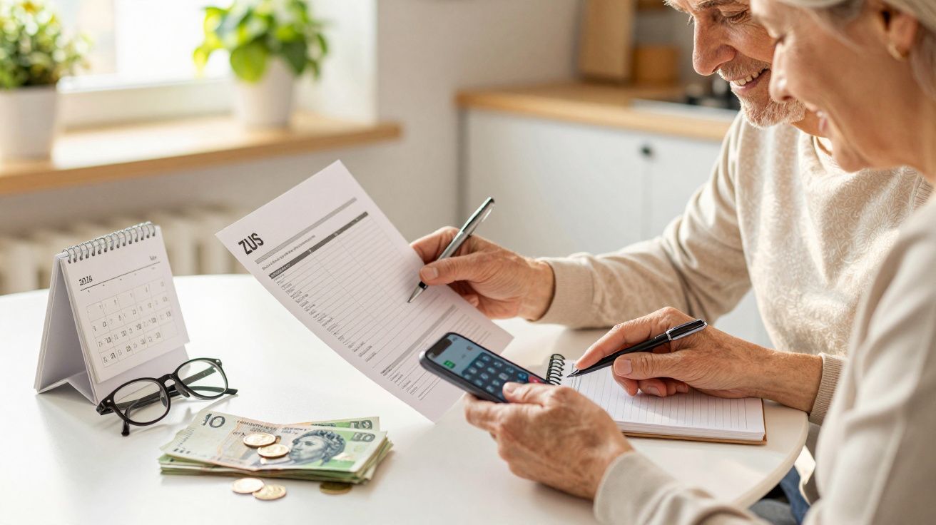 Seniorzy przy stole analizują dokumenty ZUS, używając kalkulatora na smartfonie. Obok leży kalendarz, pieniądze i okulary.