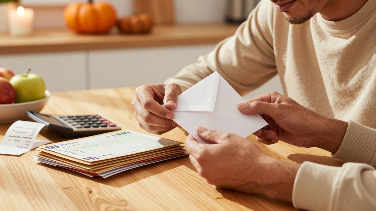 Mężczyzna otwiera kopertę przy stole z rachunkami, kalkulatorem i owocami.