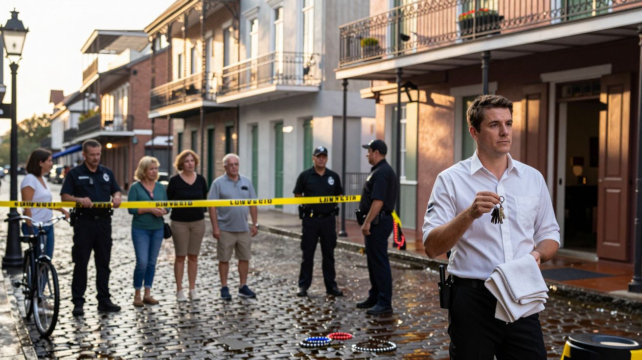 Mężczyzna trzymający klucze stoi przed domem, w tle policja z taśmą zabezpieczającą i grupą ludzi na ulicy.