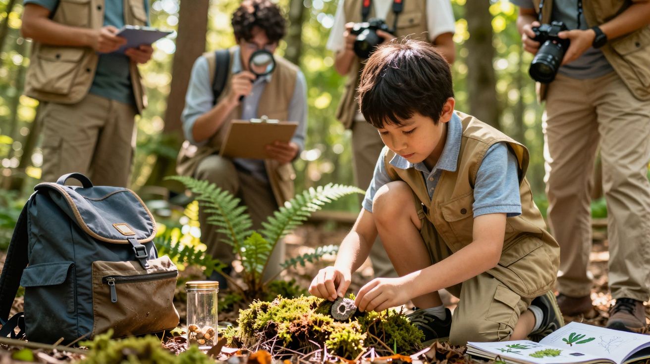 Chłopiec bada mech w lesie, a w tle dorośli obserwują z aparatami i notatnikami.