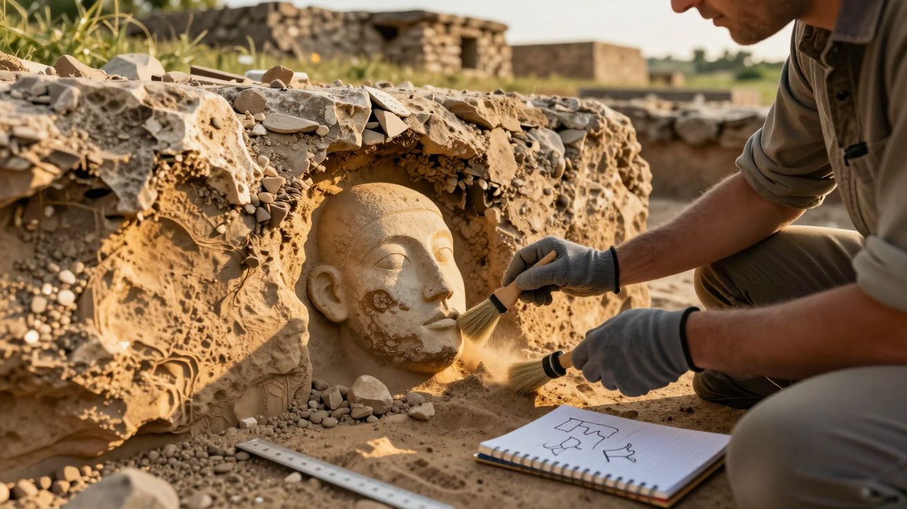 Archeolog oczyszcza starożytną rzeźbę głowy na stanowisku wykopaliskowym, obok notatki i miarka.