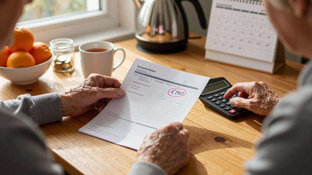 Starsza osoba trzyma rachunek, druga używa kalkulatora przy stole z herbatą, owocami i kalendarzem.