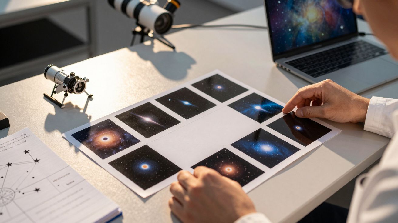 Osoba przeglądająca zdjęcia zjawisk astronomicznych na biurku obok teleskopów i laptopa.