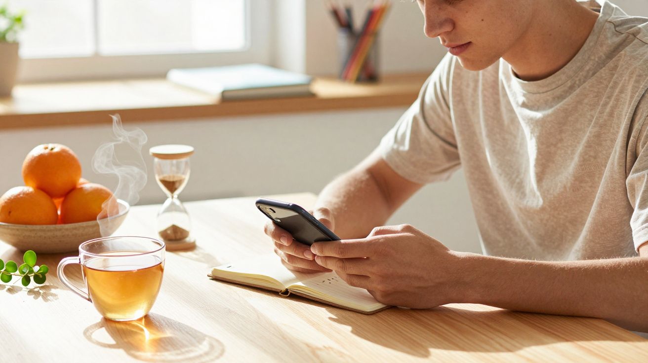 Mężczyzna w jasnej koszulce patrzy na telefon, siedząc przy stole z herbatą, notesem, klepsydrą i pomarańczami.