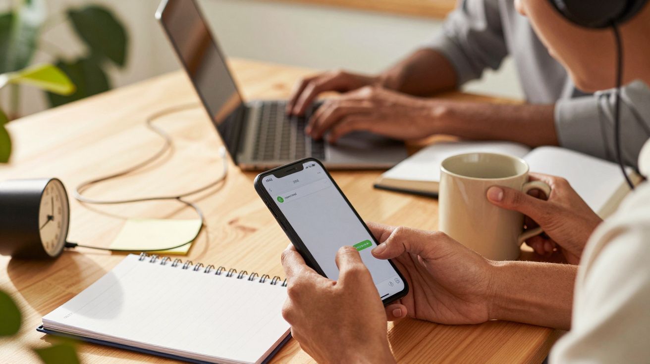 Osoby pracujące przy biurku; jedna używa laptopa, druga trzyma telefon i kubek.