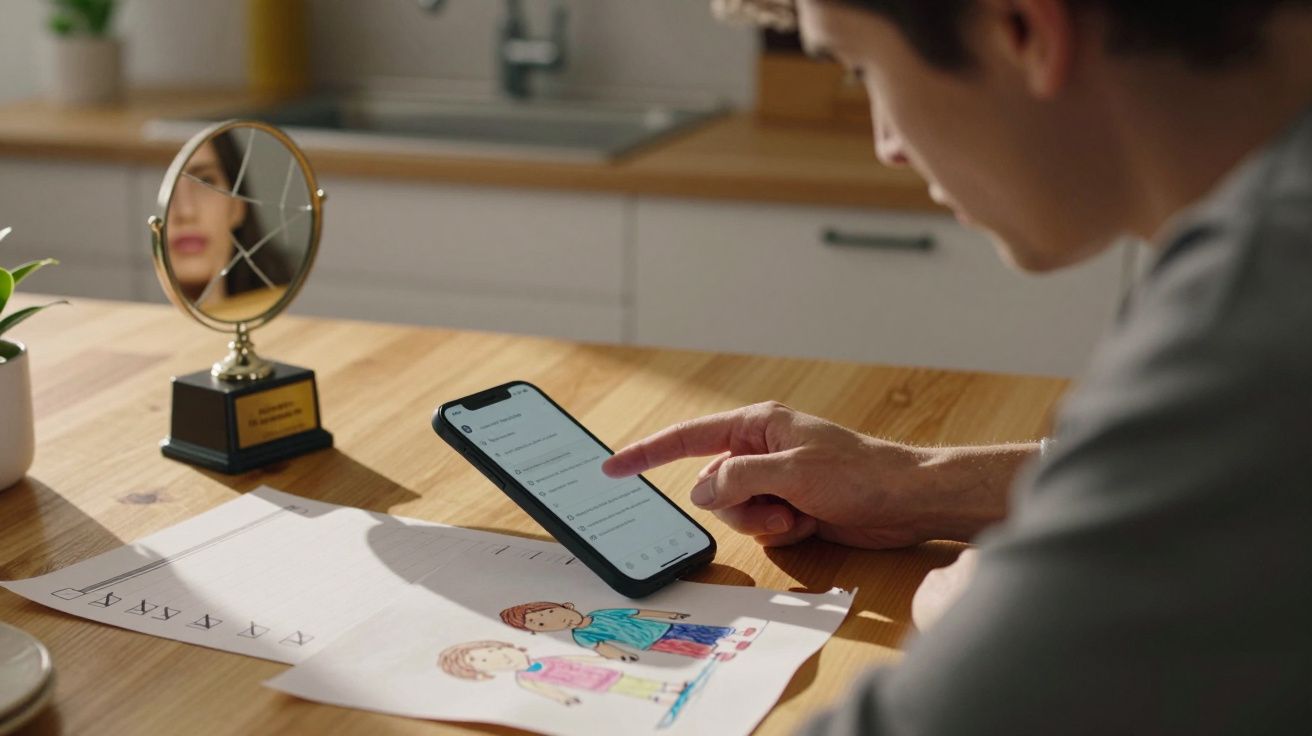 Osoba przy biurku wskazuje na ekran smartfona, obok leży dziecięcy rysunek i stoi lusterko.