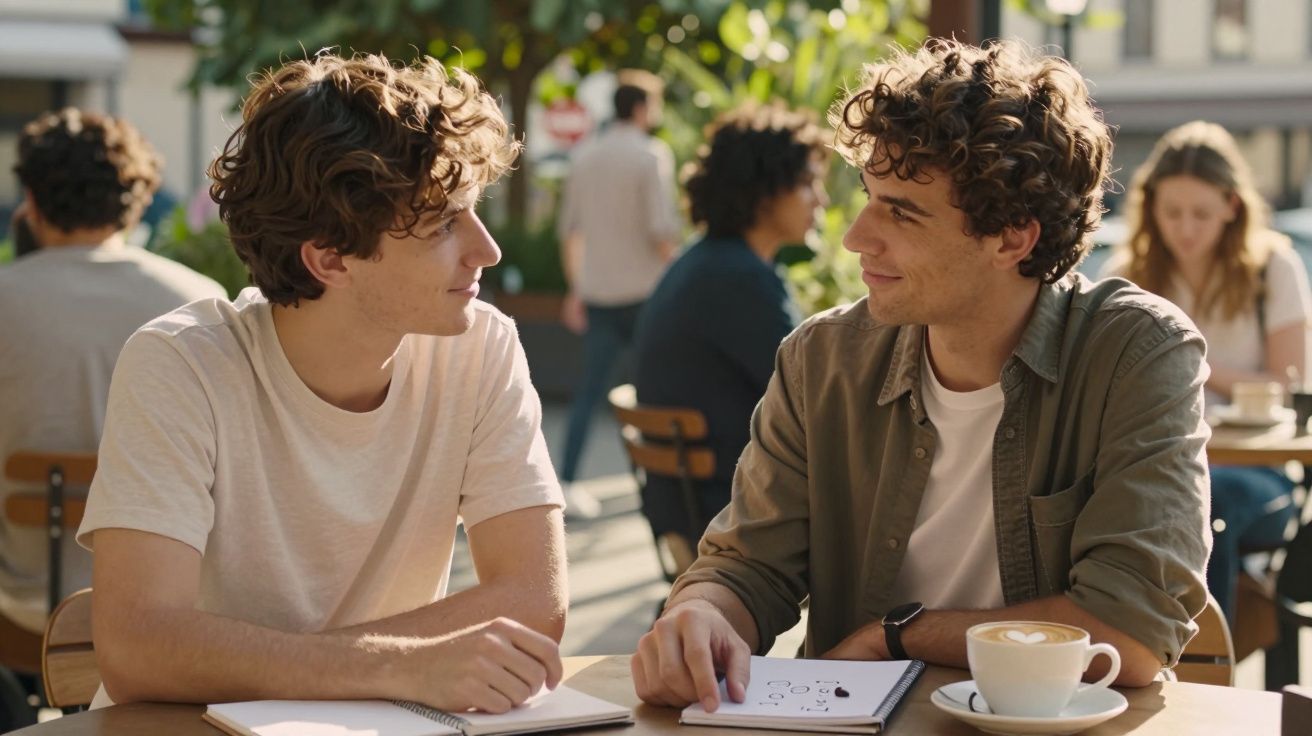 Dwóch młodych mężczyzn siedzi przy stoliku w kawiarni na zewnątrz, rozmawiając i pijąc kawę.