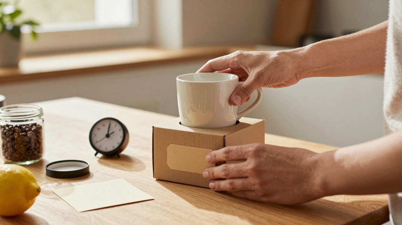 Osoba układająca biały kubek na kartonowym pudełku, na stole obok zegarek, słoik z ziarnami i cytryna.