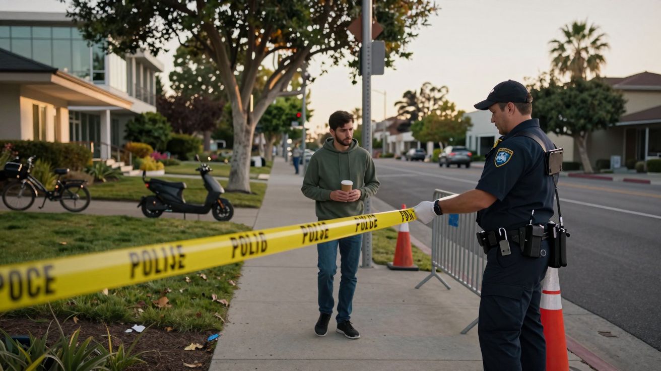 Policjant stojący przy żółtej taśmie policyjnej, mężczyzna z kubkiem kawy idzie chodnikiem w tle.