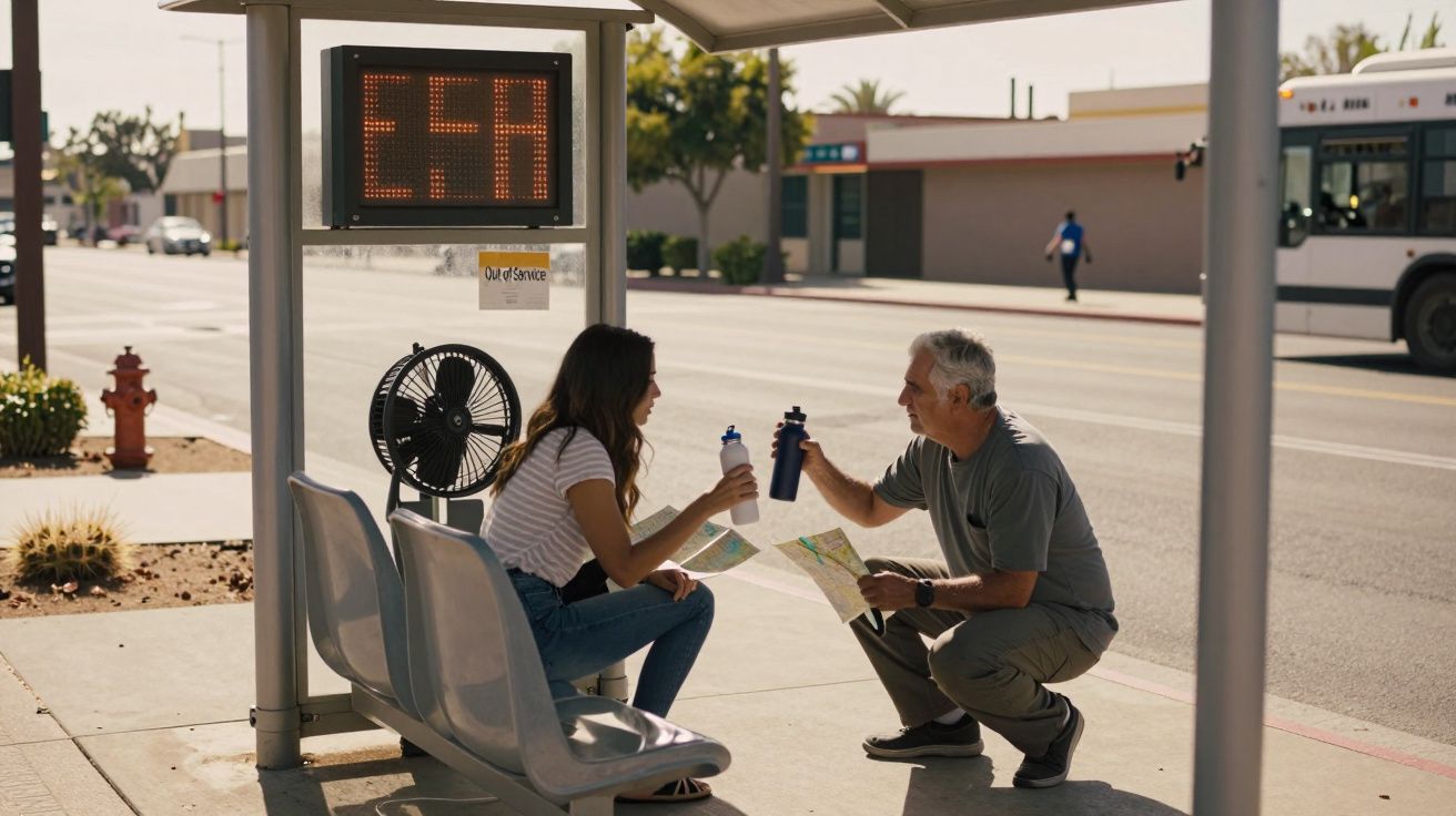 Starszy mężczyzna i młoda kobieta piją wodę na przystanku autobusowym, trzymając mapę, w słoneczny dzień.