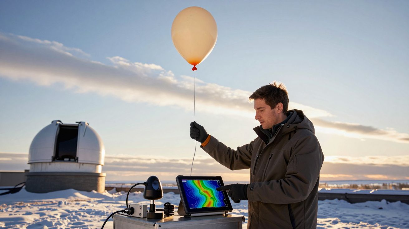 Mężczyzna trzyma balon meteorologiczny na tle zamarzniętego krajobrazu, obok komputera na zewnątrz obserwatorium.