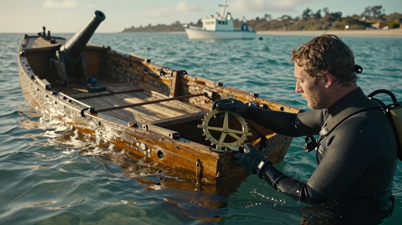 Nurek wynurzający się przy drewnianej łodzi z armatą, trzyma złoty mechanizm. W tle motorówka przy brzegu.