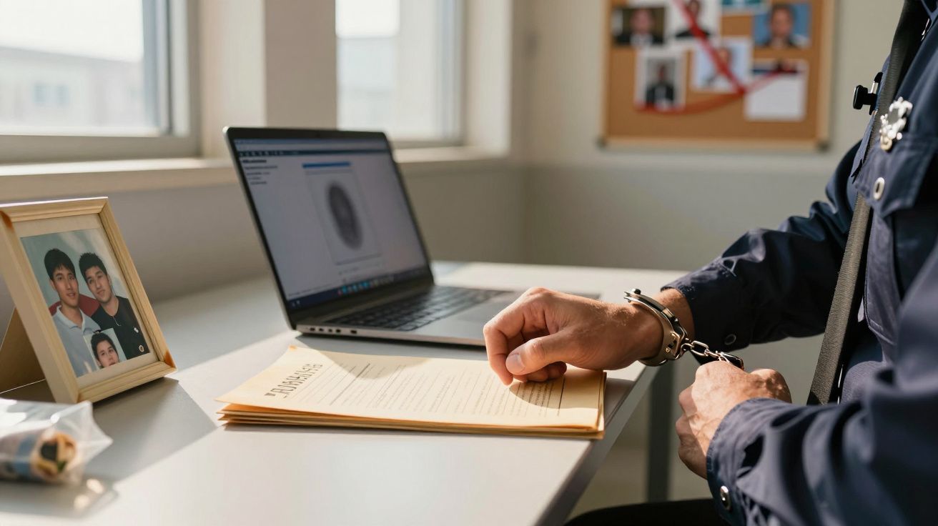 Mężczyzna w kajdankach przy biurku, laptop, zdjęcie rodziny i dokumenty śledcze na biurku.
