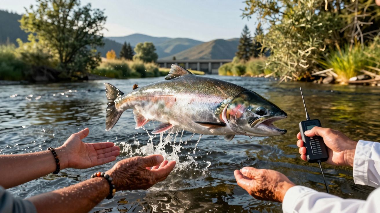 Łosoś skaczący nad strumieniem, otoczony rękoma ludzi z radiem, góry w tle.