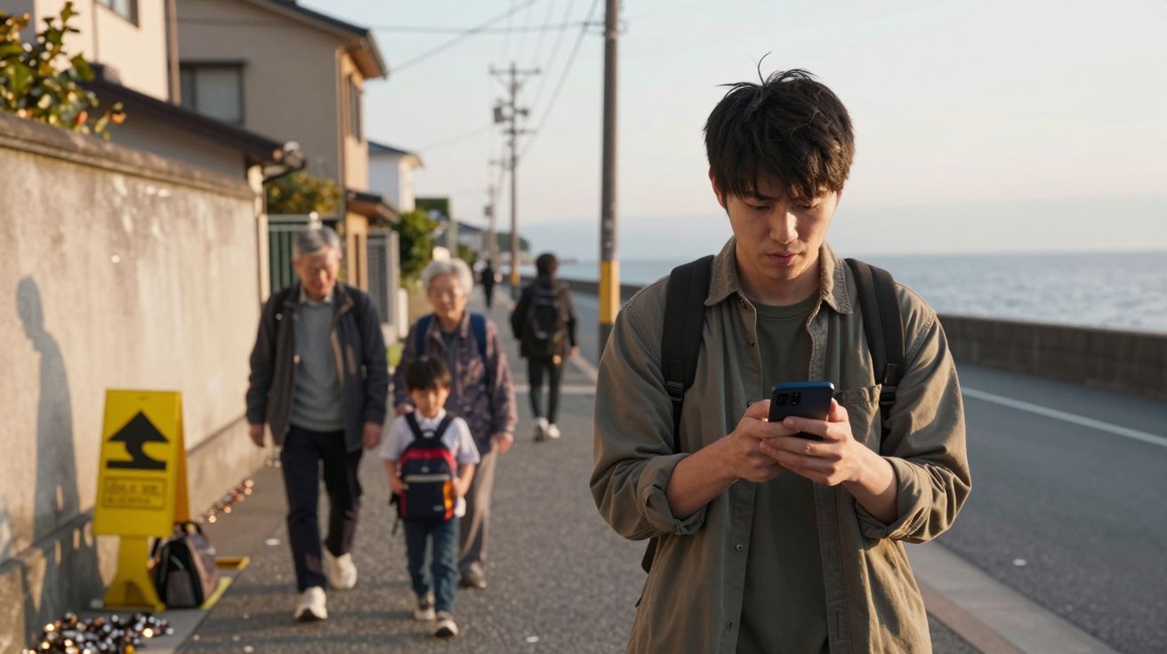 Mężczyzna idzie chodnikiem patrząc na telefon, w tle starsza para z dzieckiem.