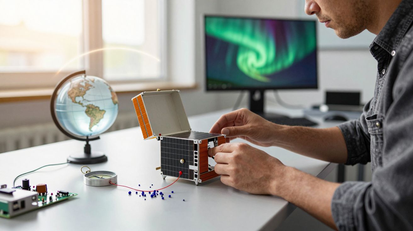 Mężczyzna pracuje nad modelem satelity na biurku, w tle globus i monitor z zorzami polarnymi.