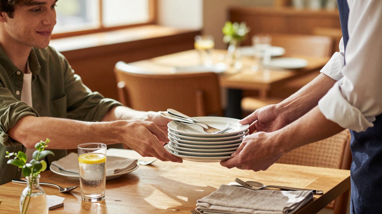 Osoba przy stole odbiera stos talerzy od kelnera w jasnym, przytulnym wnętrzu restauracji.