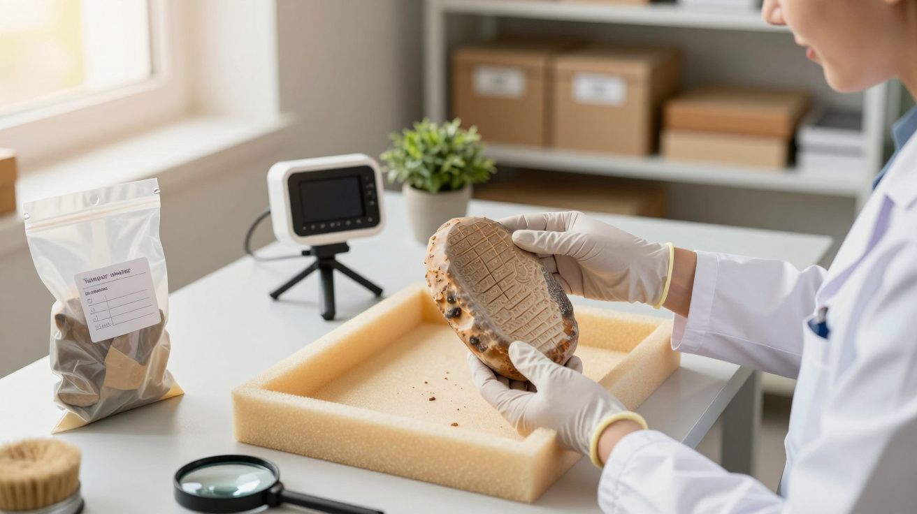 Osoba w laboratorium bada odcisk stopy, trzymając go w rękawiczkach. W tle monitor i próbki.