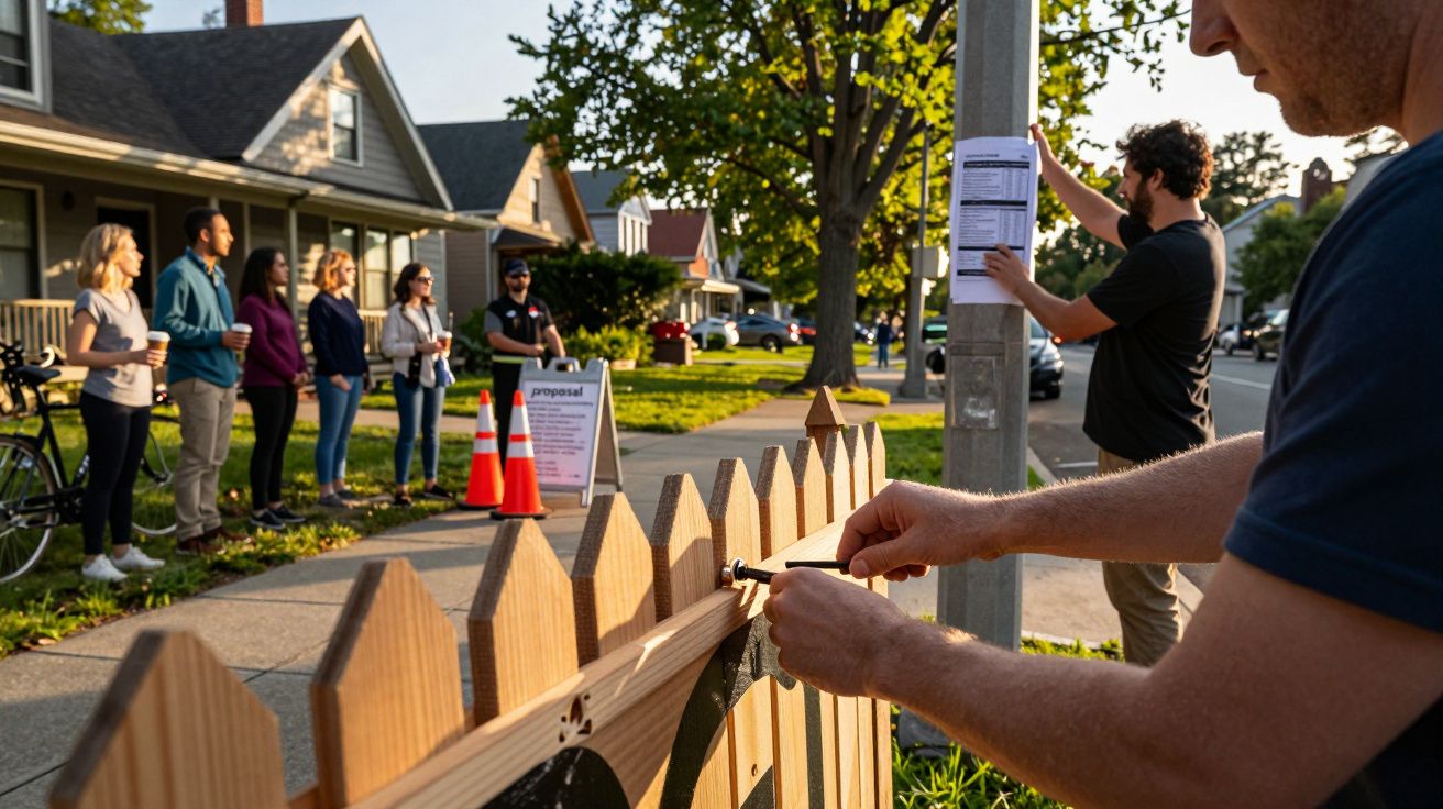 Mężczyzna montujący znak na płocie, w tle grupa ludzi stoi przy chodniku.