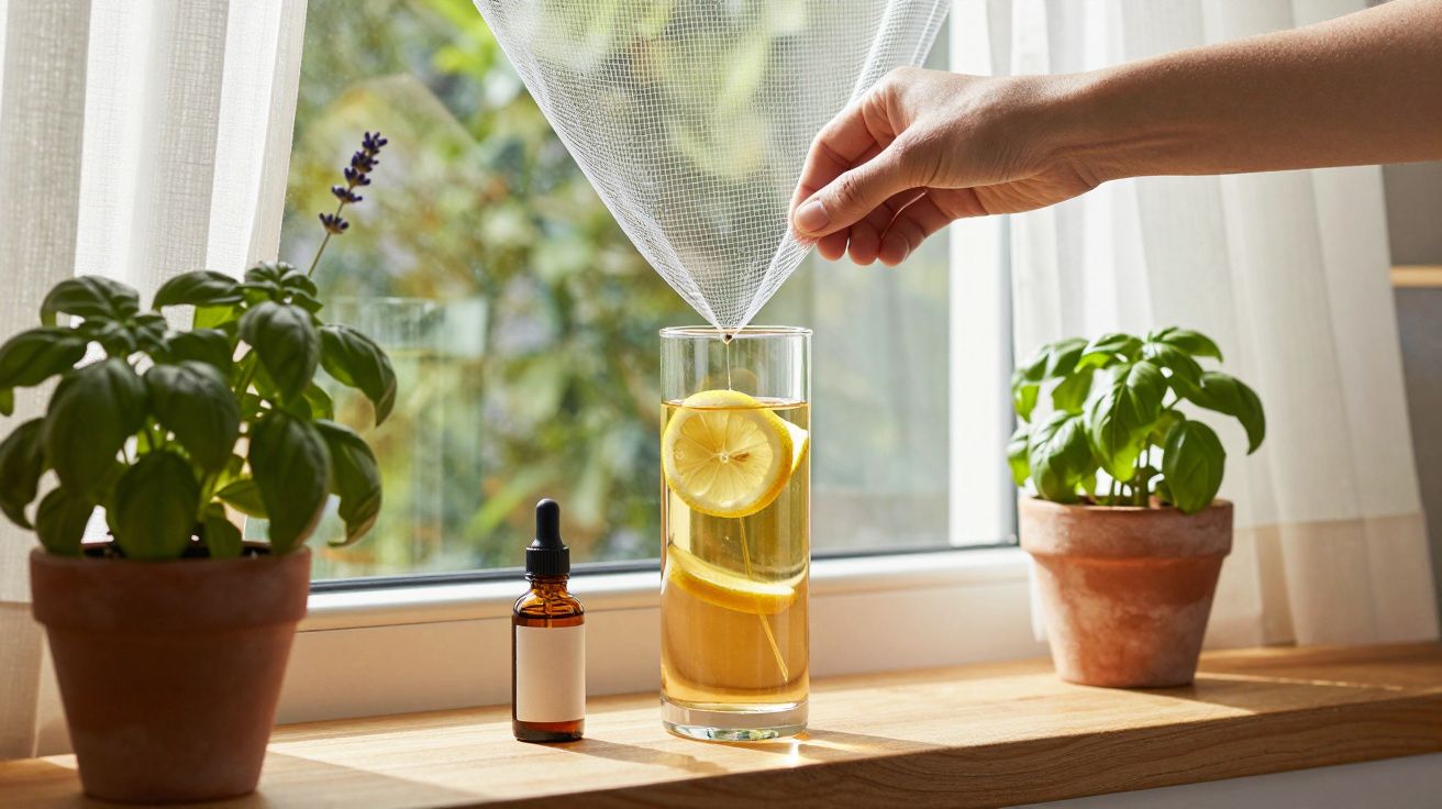 Ręka odsłania firankę nad szklanką wody z cytryną na parapecie, obok dwóch doniczek z bazylią i buteleczki z olejkiem.