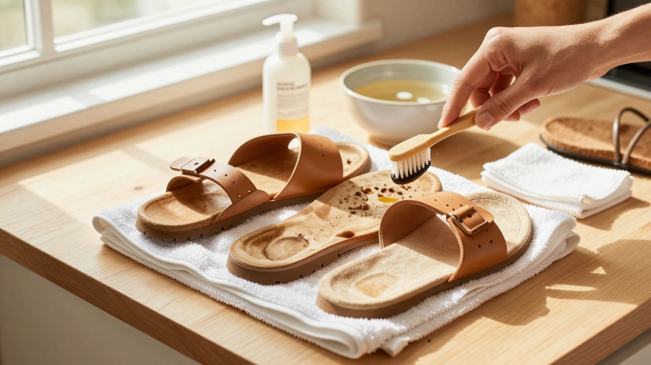 Brązowe sandały czyszczone szczoteczką na białym ręczniku, obok miska z wodą i butelka płynu.