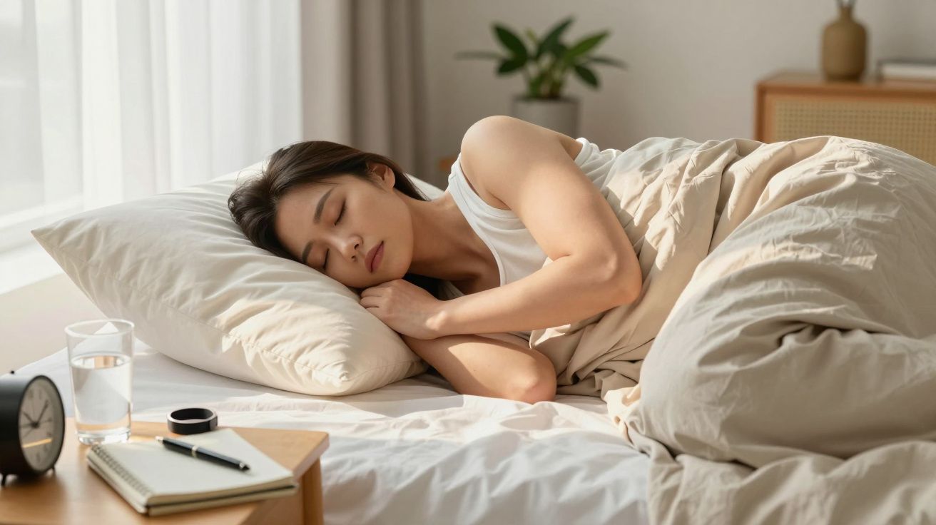 Kobieta śpiąca w łóżku, okryta kocem, z budzikiem i szklanką wody na stoliku nocnym.