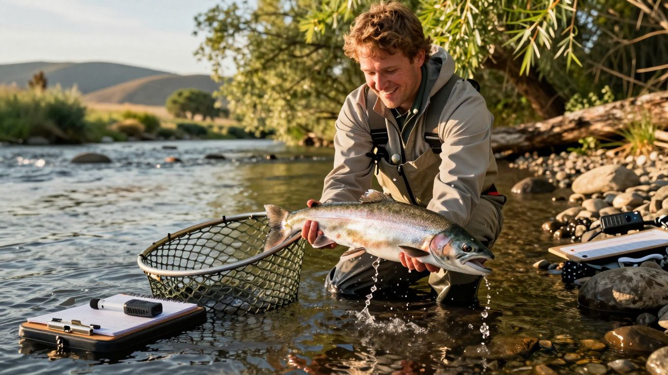 Mężczyzna w woderach trzyma złowioną rybę nad rzeką, obok siatka i sprzęt wędkarski, las w tle.
