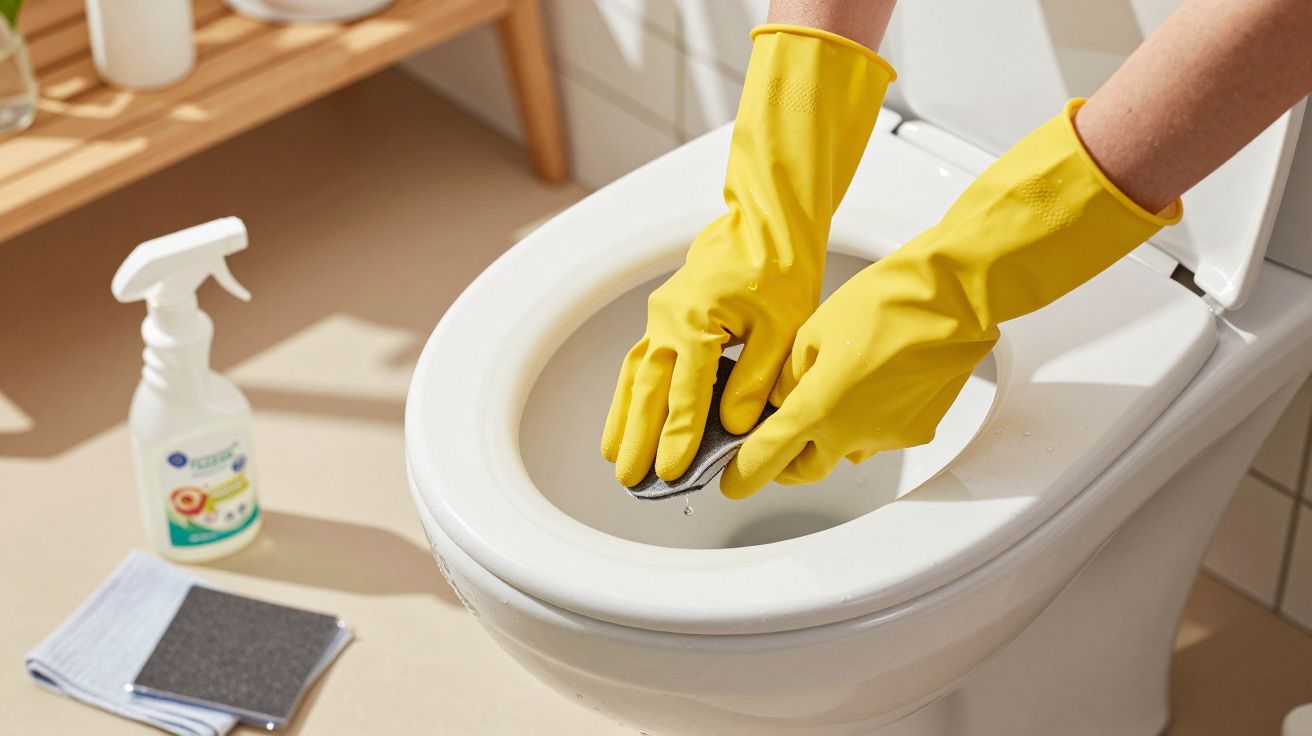Osoba w żółtych rękawicach sprząta toaletę, używając gąbki i środka czyszczącego.