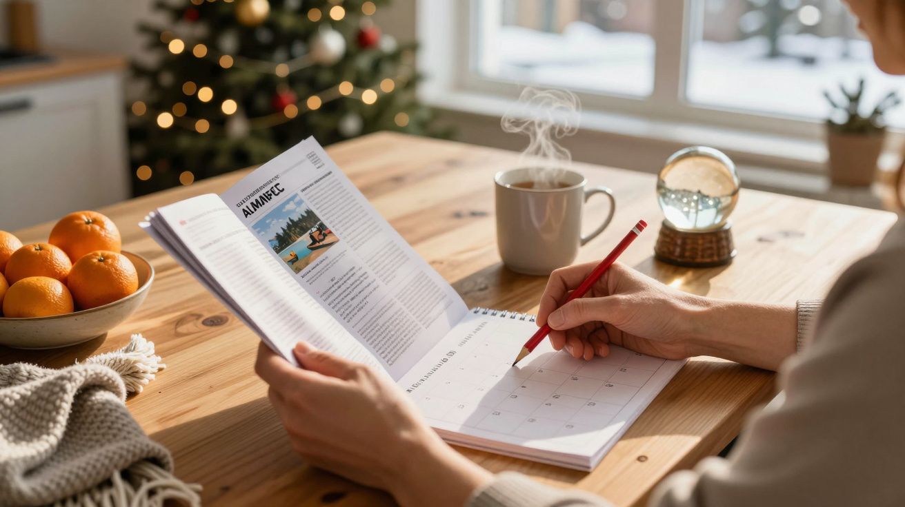 Osoba siedzi przy stole, pisze w kalendarzu. Obok filiżanka kawy, śnieżna kula, choinka i mandarynki.