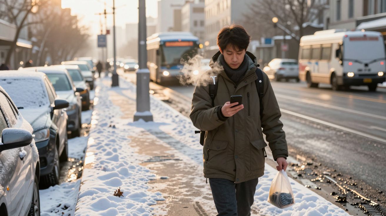 Mężczyzna na zaśnieżonym chodniku, skupiony na telefonie, z torbą zakupów, tło ruchliwej ulicy i autobusów.