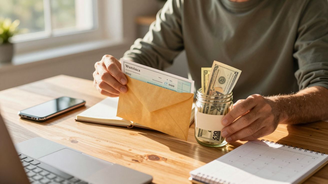 Osoba przy stole wkłada czek do koperty, obok słoik z banknotami, telefon i kalendarz.